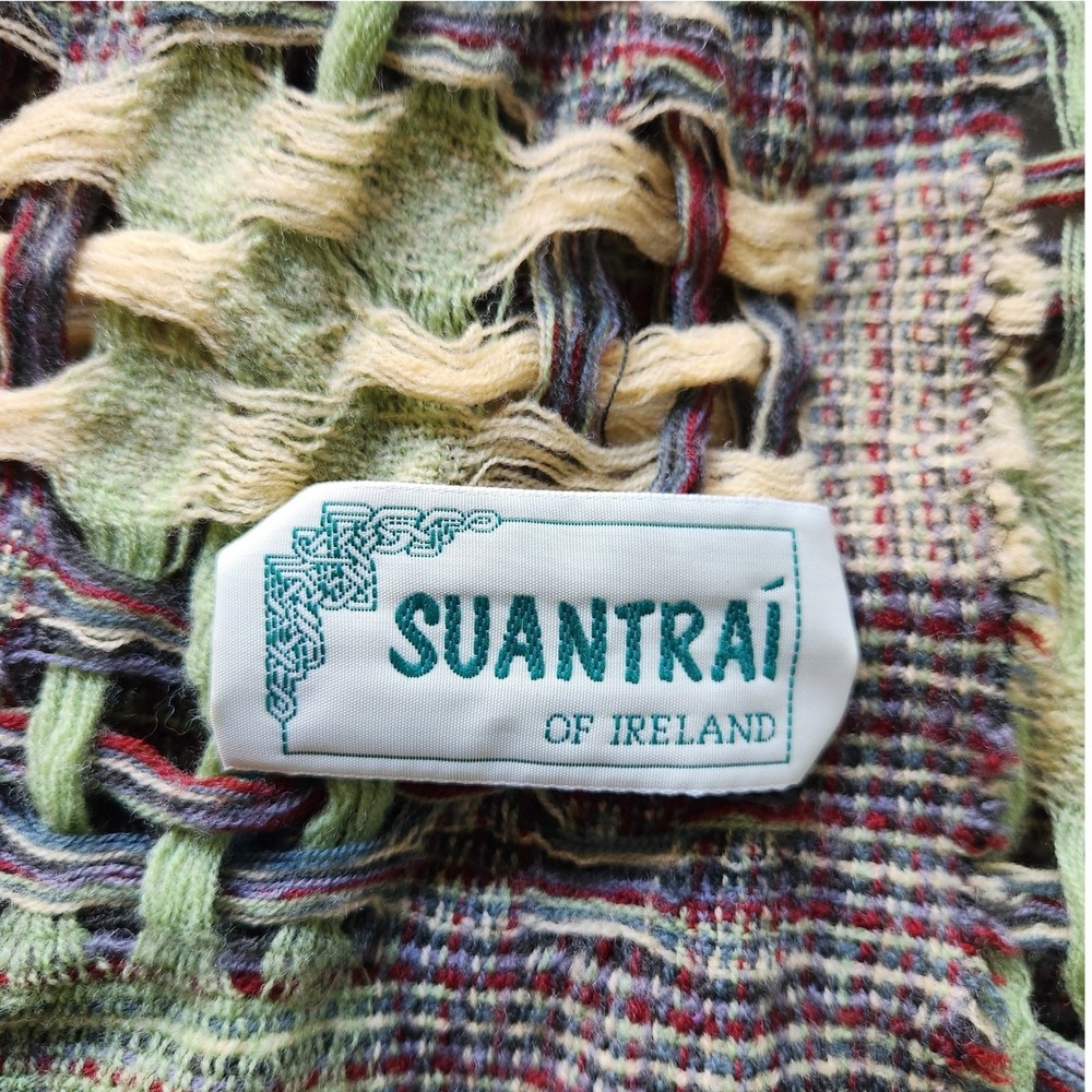 Suantrai of Ireland 100% Wool Scarf Green Yellow Brown Open Weave Fringe